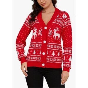 Alyweatry Womens Christmas Cardigan Sweater Red V-Neck Button Down Knit Festive